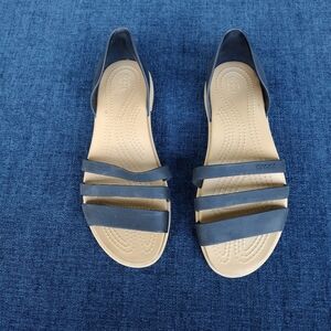 Crocs tulum Open Flat Shoes Womens Size 7 Black Beige Strappy Jelly Sandals